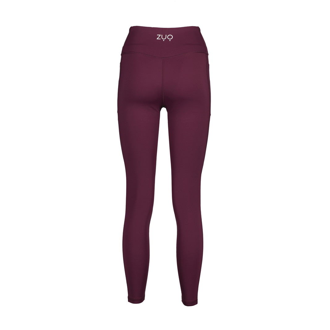 View from back. Ghost mannequin in full-length leggings in Windsor Wine, a deep berry or burgundy colour