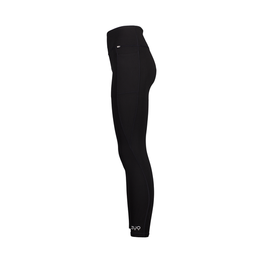 View from side. Ghost mannequin in full-length leggings in black