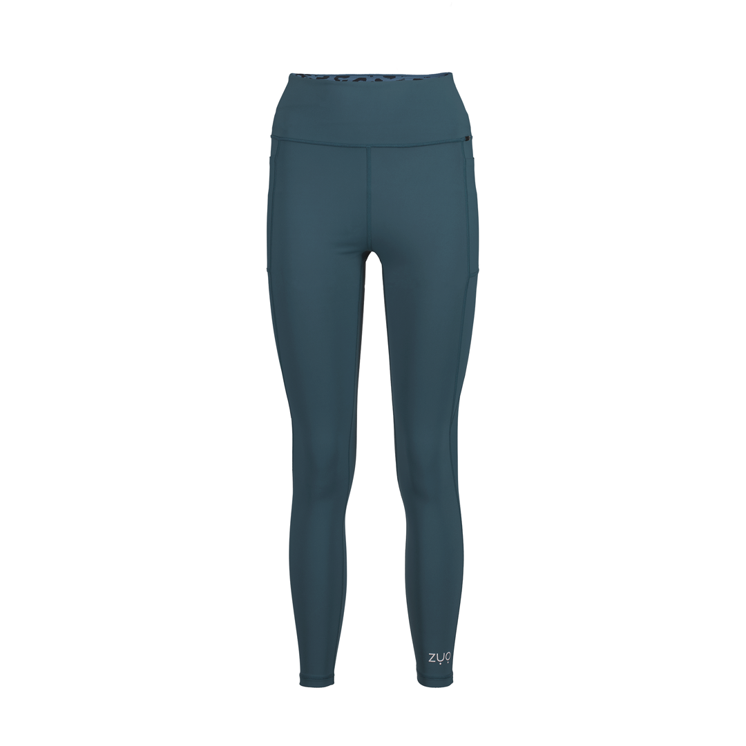 Front view. Ghost mannequin shot of full-length leggings in deep, dusty teal colour