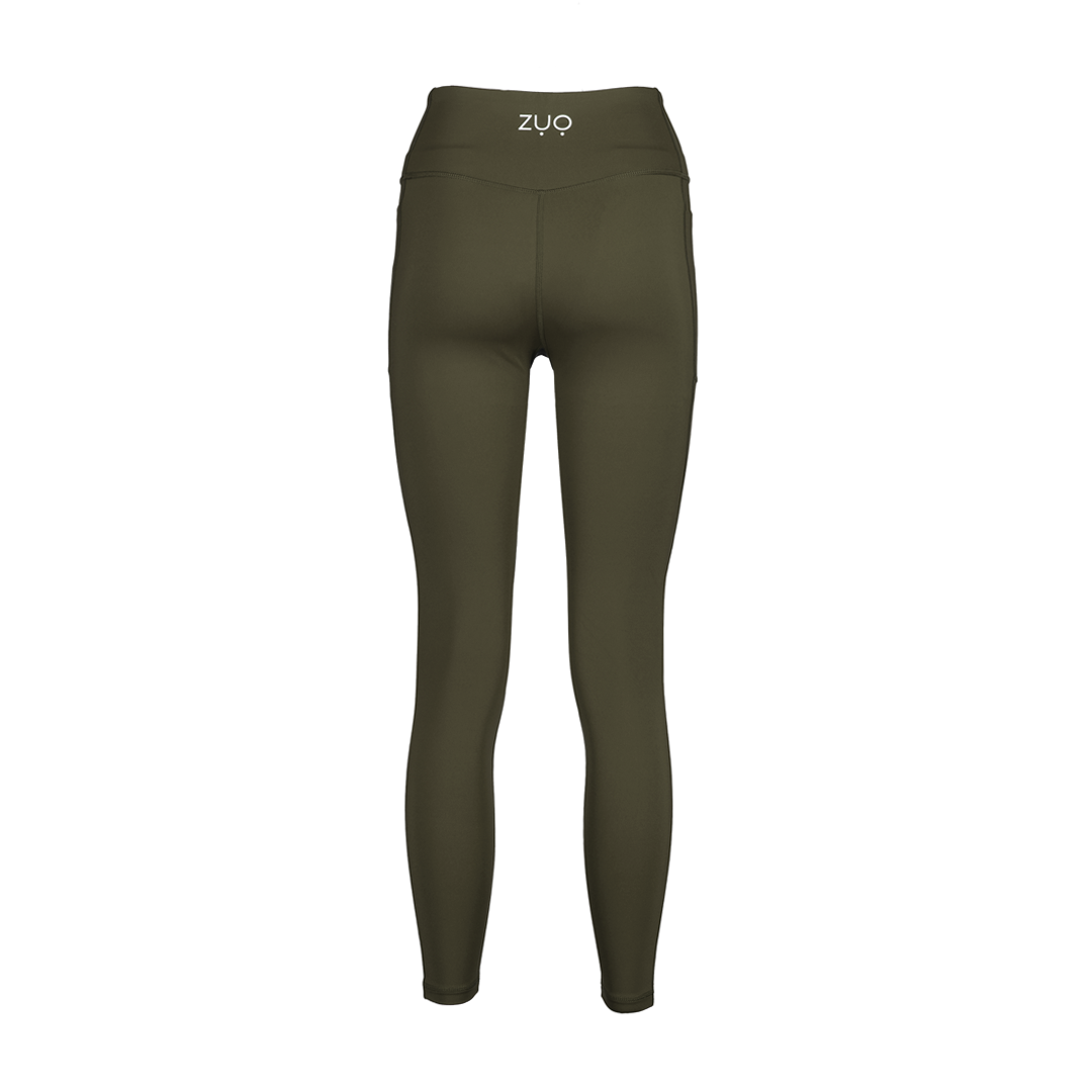 Back view ghost model in full-length leggings in Olive Grove colour