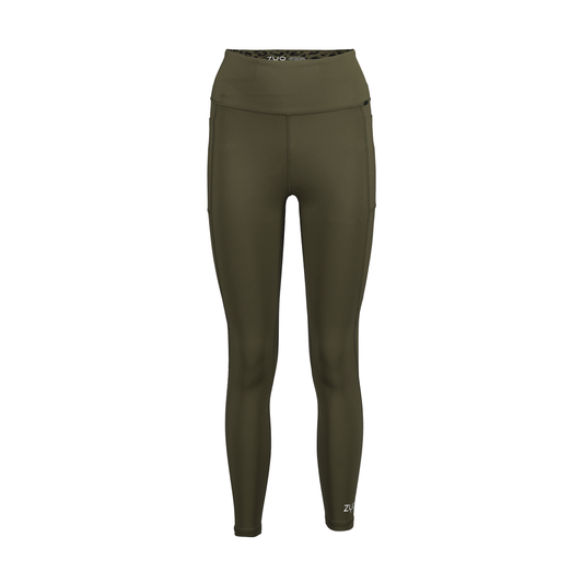 Front view ghost model in full-length leggings in Olive Grove colour