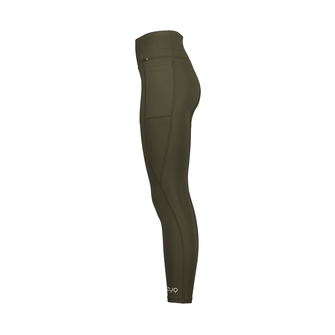 Side view ghost model in full-length leggings in Olive Grove colour