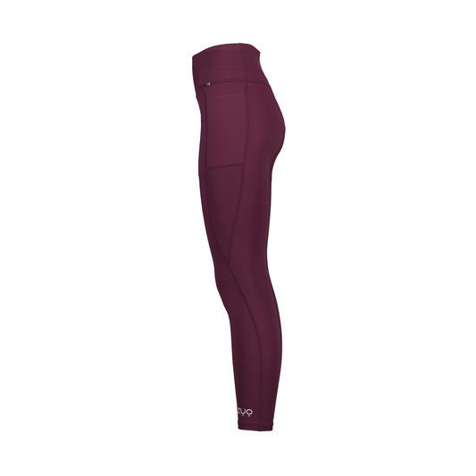 View from side. Ghost mannequin in full-length leggings in Windsor Wine, a deep berry or burgundy colour