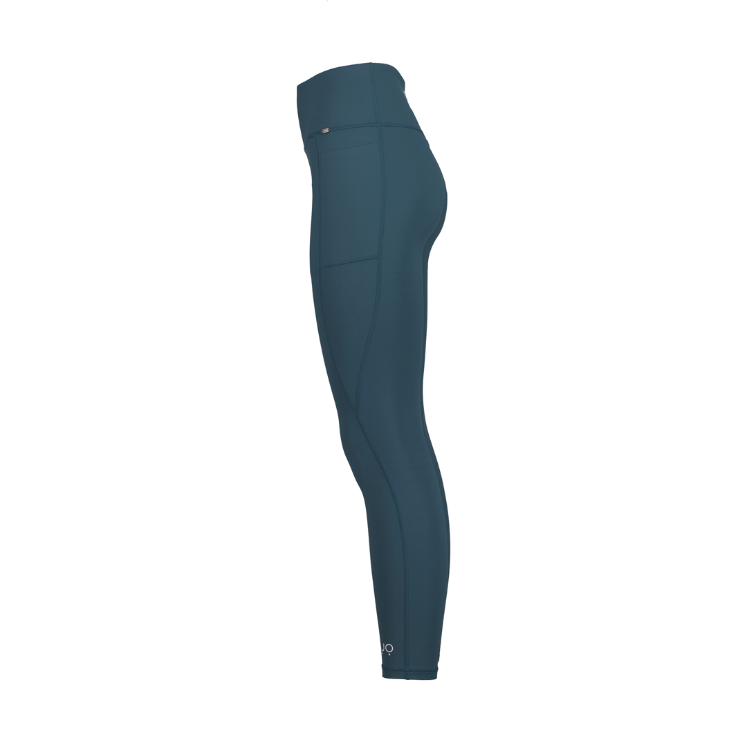 Side View. Ghost mannequin shot of full-length leggings in deep, dusty teal colour