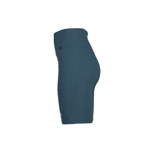 Side view, ghost mannequin in mid-length shorts in Arctic Teal, a dusty blue-green colour