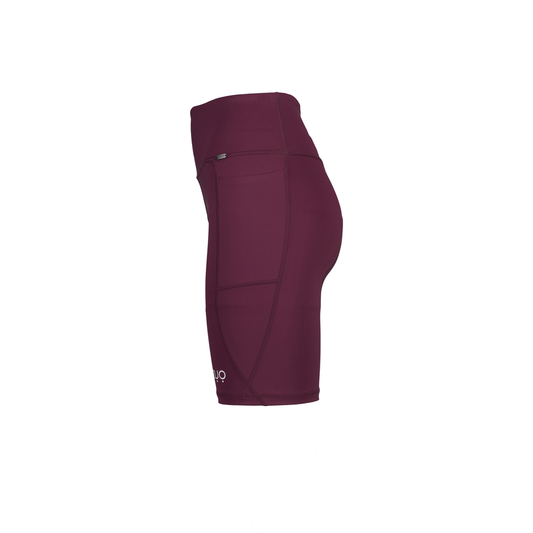 Side view, ghost mannequin in mid-length shorts in Windsor Wine, a deep berry or burgundy colour